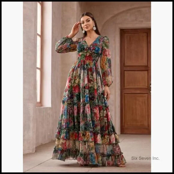 Polyester Maxi Dress Long Sleeve Casual Summer Wedding Guest - Picture 2 of 6